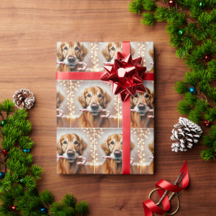 Papel De Regalo Golden Retriever con un bastón de caramelo