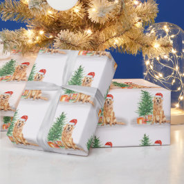 Papel De Regalo Golden Retriever Dog Santa Tree Feliz Navidad