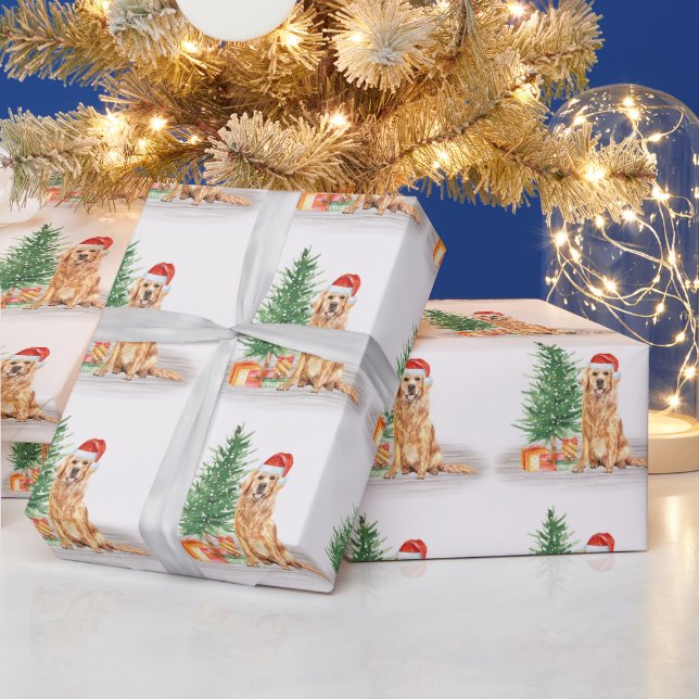Papel De Regalo Golden Retriever Dog Santa Tree Feliz Navidad (Vacaciones)