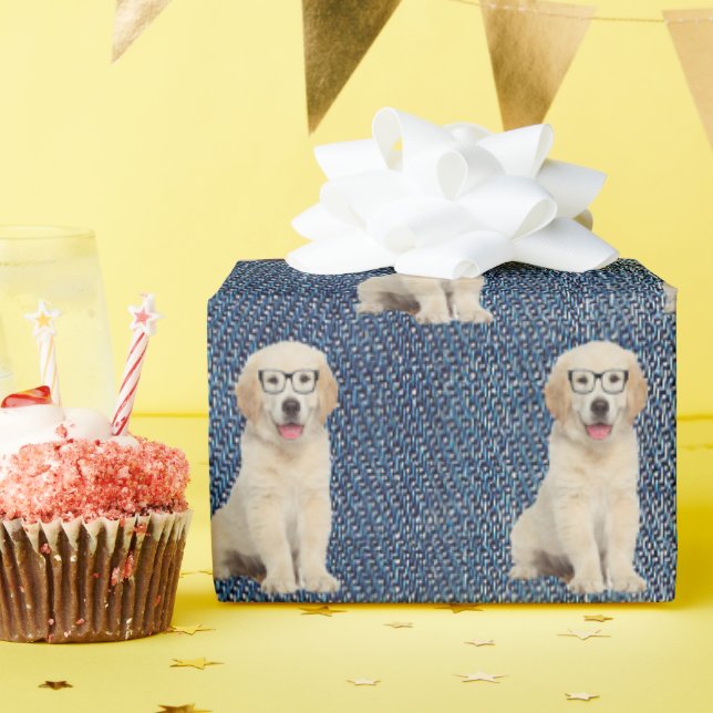 Papel De Regalo Golden Retriever en Blue Jean Denim (Fiesta de cumpleaños )