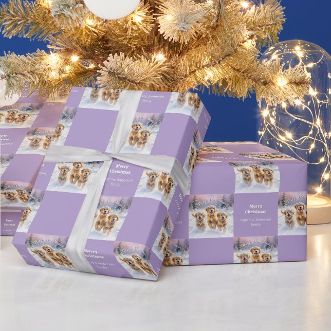 Papel De Regalo Golden Retriever Puppies in Snow Lilac Christmas (Vacaciones)