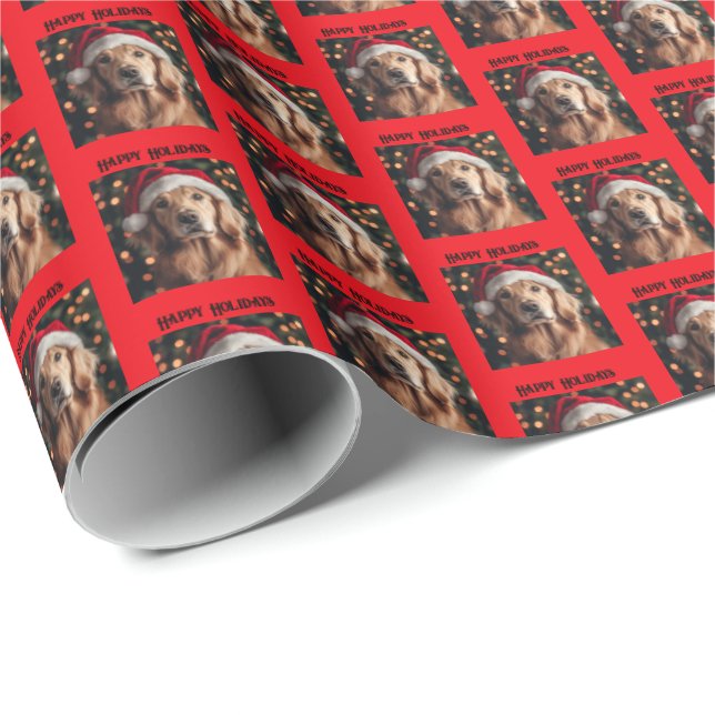 Papel De Regalo Golden Retriever W Santa Hat Gift Wrap, Navidades, (Esquina del rollo)