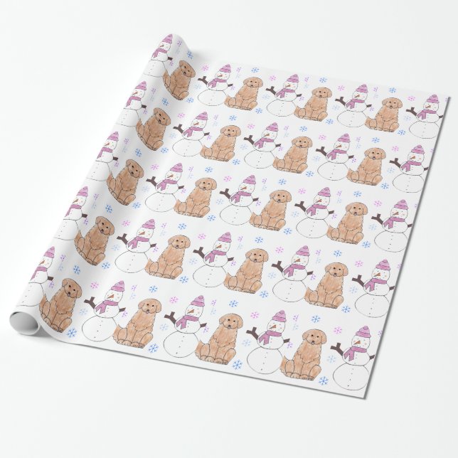 Papel De Regalo Golden retriever y muñeco de nieve (Desenrollado)