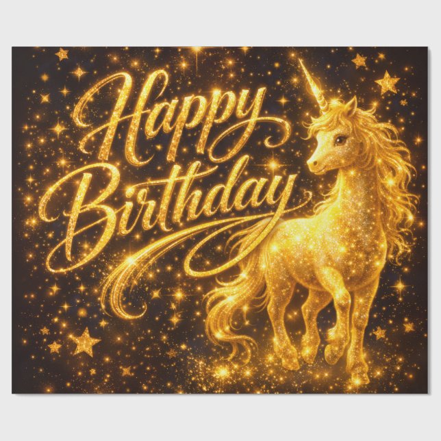Papel De Regalo Golden Stardust Birthday — Fantasy Unicorn (Superficie plana)