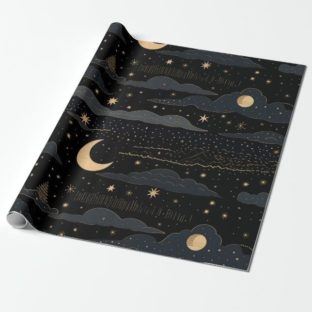 Papel De Regalo Golden Stars & Moon Night Sky Paper (Desenrollado)