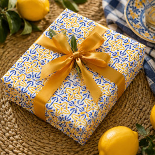 Papel De Regalo Golden Valencia Blossom Blue and Amber Floral