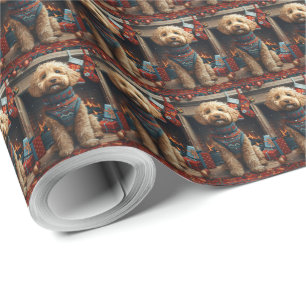 Papel De Regalo Goldendoodle Perro Con Regalos De Navidad Chimenea
