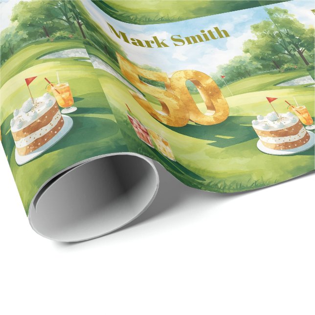 Papel De Regalo Golf 50th Birthday for golfer with cake and number (Esquina del rollo)