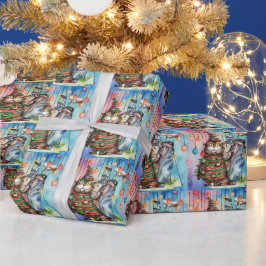 Papel De Regalo Golf Santa Cat con fondo de Navidades bolsos