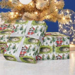 Papel De Regalo Golf Santa Cat con fondo de Navidades con bandera 