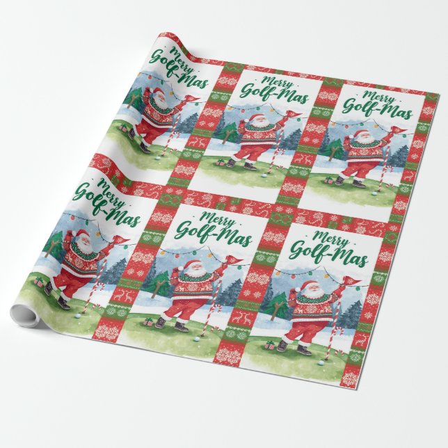 Papel De Regalo Golf Santa in Ugly Sweater Golfing Merry Golfmas (Desenrollado)