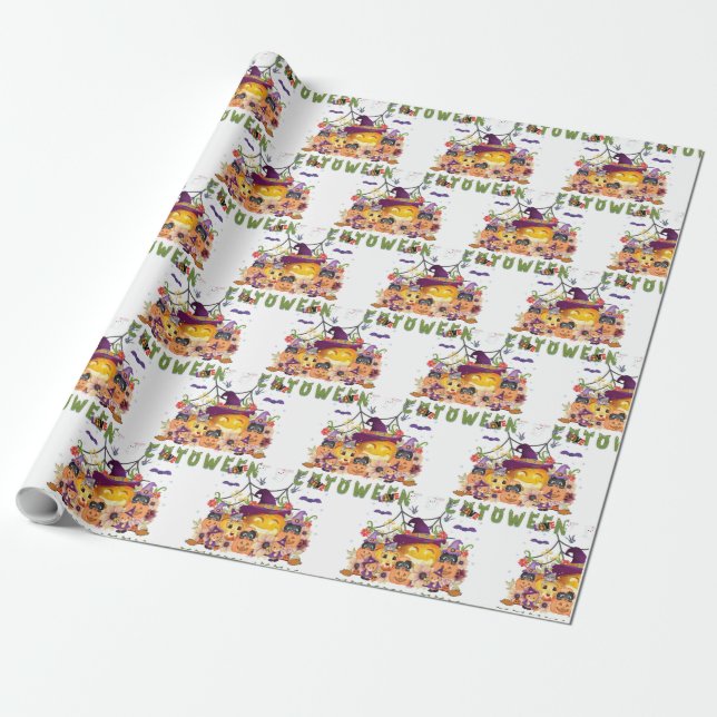 Papel De Regalo Gorra morado divertido Catoween, calabaza Naranja  (Desenrollado)