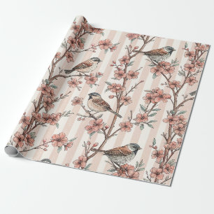 Papel De Regalo Gorrión asiático Flor de Cerezo Rayas de Melocotón