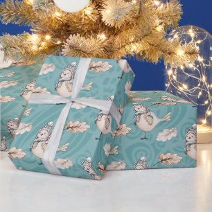 Papel De Regalo Gorrión de Nieve Azul Acuarela Pintado a Mano