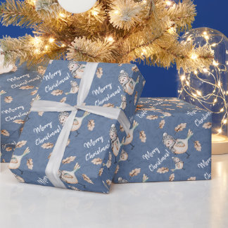 Papel De Regalo Gorrión de nieve de invierno en acuarela azul