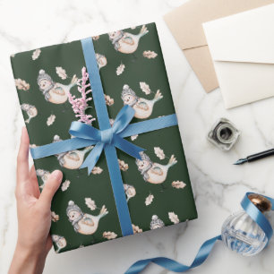 Papel De Regalo Gorrión de Nieve de Invierno Pintado a Mano con Ac