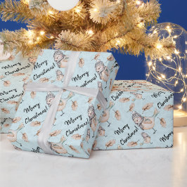 Papel De Regalo Gorrión de Nieve Invernal en Acuarela Azul