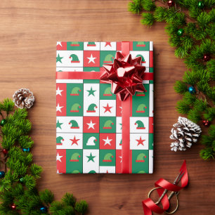 Papel De Regalo Gorro de duende clásico rojo y verde con patrón de