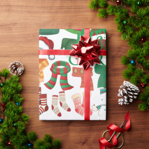 Papel De Regalo Gorros Bufandas y Calcetines Navideños Blancos y A