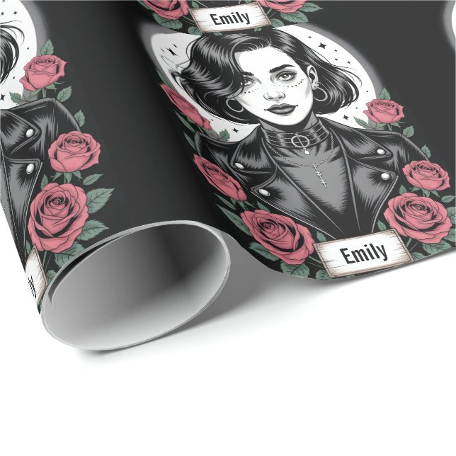 Papel De Regalo Gothic Grunge Girl Illustration with Biker Jacket (Esquina del rollo)