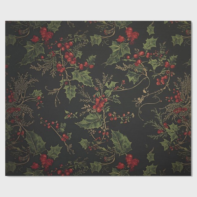 Papel De Regalo Gothic Holly Wrapping Paper |Dark Christmas Floral (Superficie plana)