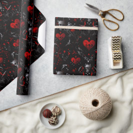 Papel De Regalo Gothic Red Hearts and Gray Skulls