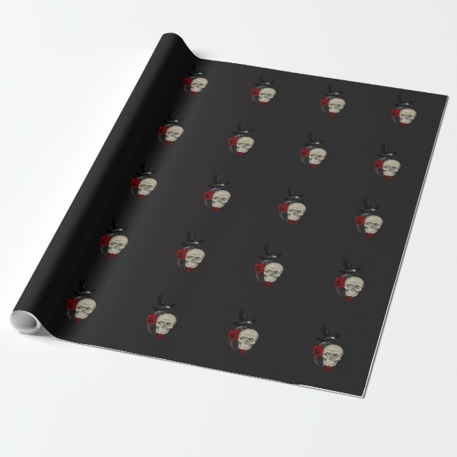 Papel De Regalo Gothic Skull With Rose and Raven (Desenrollado)