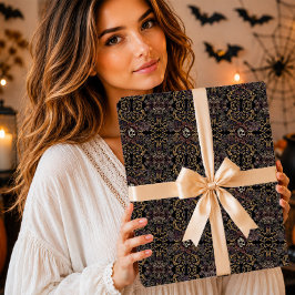 Papel De Regalo Gótico Damask Cráneo Floral Halloween