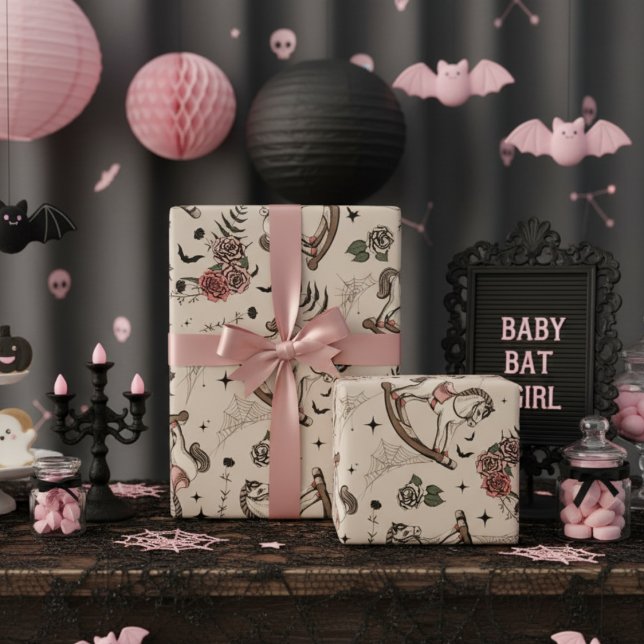 Papel De Regalo Gótico de caballo rosado de Victoria (Gothic Halloween Baby Shower for Baby Girl Wrapping Paper. Spooky Vintage Pink Rocking Horse Pattern)