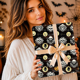 Papel De Regalo Gótico Espeluznante Gato Negro Cráneo Damask Hallo