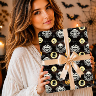 Papel De Regalo Gótico Espeluznante Gato Negro Cráneo Damask Hallo