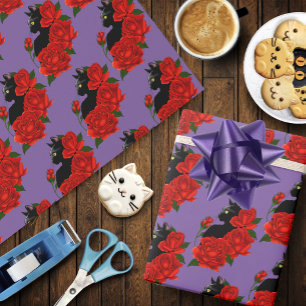 Papel De Regalo Gótico Gato Negro Rosas Rojas Púrpura