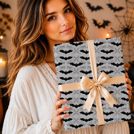 Papel De Regalo Gótico Murciélago Negro Gris Plateado Damasco Hall