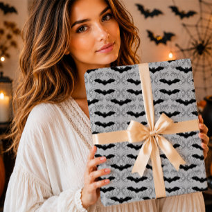 Papel De Regalo Gótico Murciélago Negro Gris Plateado Damasco Hall