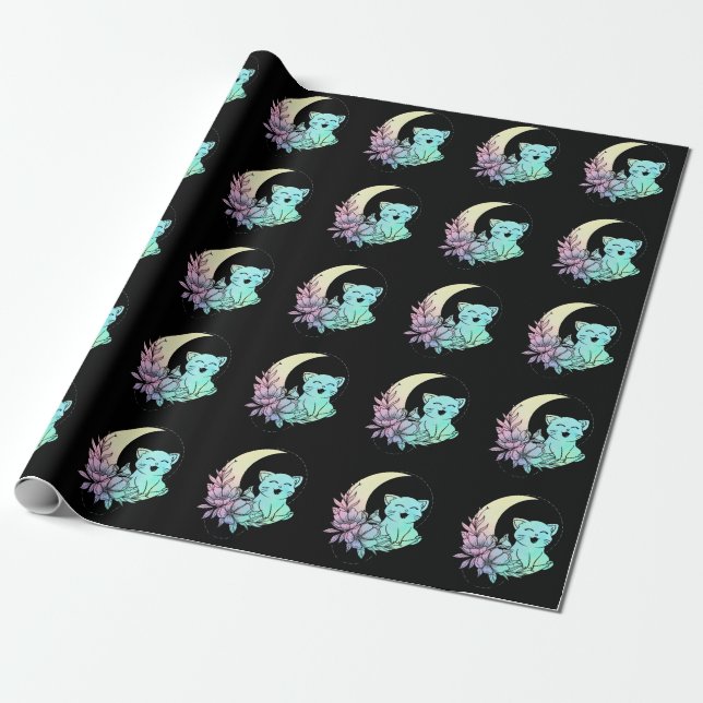 Papel De Regalo Gótico Mystical Cat Crescent Moon Pastel Wicca (Desenrollado)