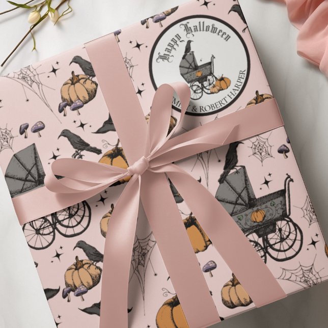 Papel De Regalo Gótico personalizado Bebé Rosa Halloween (Elegant yet spooky Personalized Halloween Baby, New Mother, Expecting Mother Wrapping Paper in Pink.)