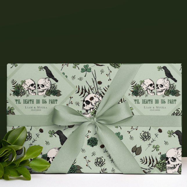 Papel De Regalo Gótico St Patricks Day Floral Skulls Boda irlandés (Modern Gothic Floral Skull Irish Wedding Wrapping Paper. St Patricks Day Wedding, Bridal Shower...)