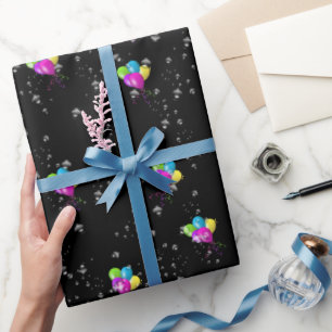 Papel De Regalo Gotitas de Cumpleaños Globos sobre Negro