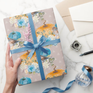 Papel De Regalo Gracias por las calabazas azules y las flores de l