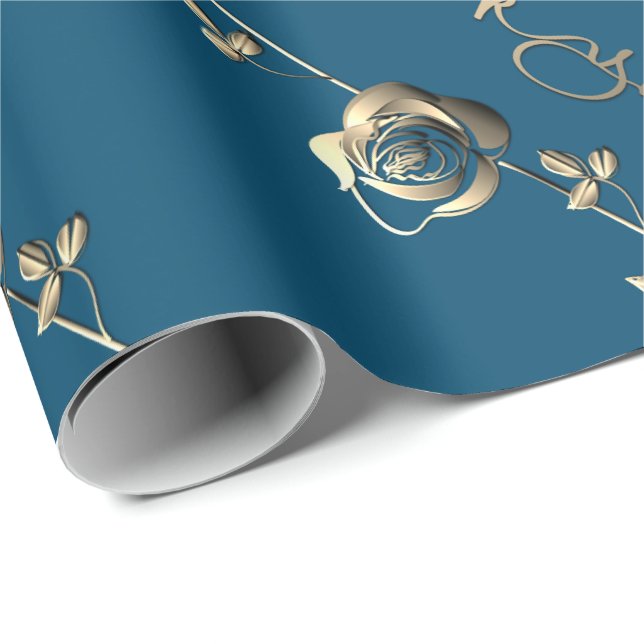 Papel De Regalo "Gracias"Rosa 3D Silvery en Ocean Blue (Esquina del rollo)