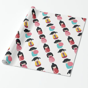Papel De Regalo Graciosa muñeca Kokeshi - Chica japonés de geisha.