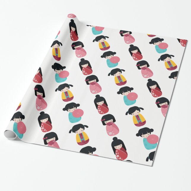 Papel De Regalo Graciosa muñeca Kokeshi - Chica japonés de geisha. (Desenrollado)