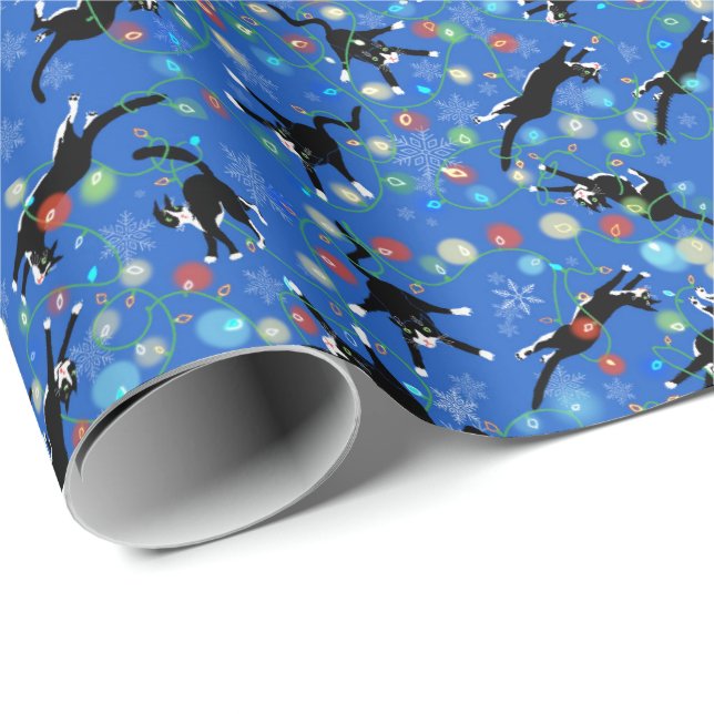 Papel De Regalo Gracioso ángulo de gatos en Navidades ilumina el m (Esquina del rollo)