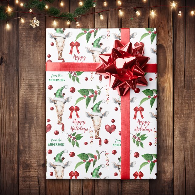 Papel De Regalo Gracioso Giraffe Santa Hat Holly Heart (Subido por el creador)