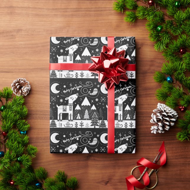 Papel De Regalo Gracioso patrón de renos blancos y negros (Regalo de vacaciones)