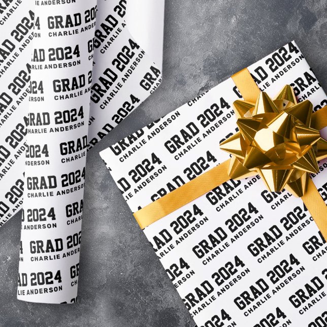 Papel De Regalo Grad year 2024 nombre de graduado blanco negro (Grad year 2024 graduate name black white wrapping paper)