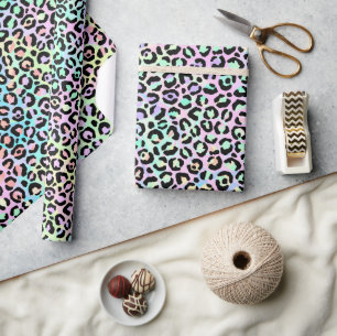 Papel De Regalo Gradiente iridiscente arcoiris y puntos leopardo