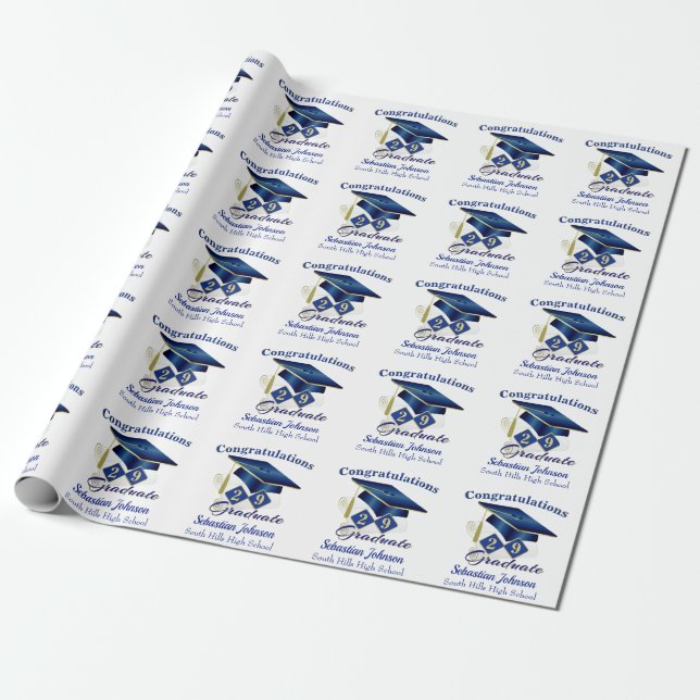 Papel De Regalo Graduación Azul y Oro Personalizados (Desenrollado)