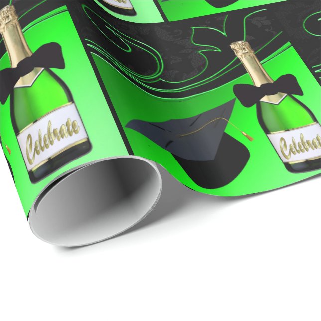 Papel De Regalo Graduación Cap Champagne Bottle Bow Tie (Esquina del rollo)