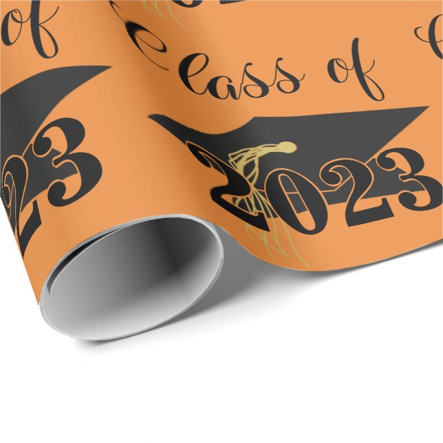 Papel De Regalo Graduación Cap Clase Naranja Año Negro (Esquina del rollo)
